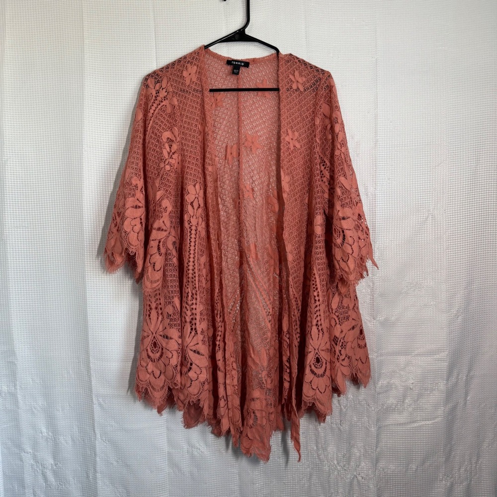 Torrid Kimono Cardigan Coral Pink Floral Lace Open Front Boho Wrap Plus 00/0